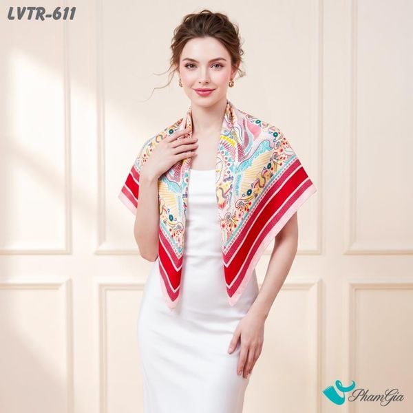 Khăn Lụa Vuông Tiera 90*90Cm Cao Cấp Họa Tiết Kính Vạn Hoa Cổ Điển Nhấn Viền Đỏ Burgundy (LVTR611)