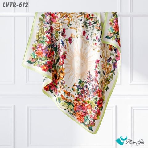 Khăn Lụa Vuông Tiera 90*90Cm Cao Cấp Họa Tiết Vườn Hoa Phục Hưng Màu Trắng Viền Xanh (LVTR612)