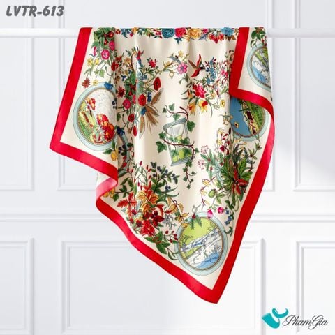 Khăn Lụa Vuông Tiera 90*90Cm Cao Cấp Họa Tiết Tranh Bốn Mùa Phối Viền Đỏ Ruby (LVTR613)