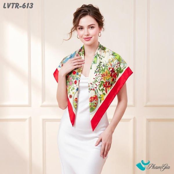 Khăn Lụa Vuông Tiera 90*90Cm Cao Cấp Họa Tiết Tranh Bốn Mùa Phối Viền Đỏ Ruby (LVTR613)