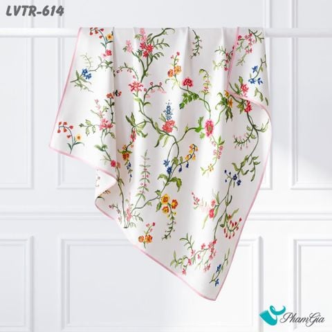 Khăn Lụa Vuông Tiera 90*90Cm Cao Cấp Họa Tiết Hoa Dây Leo Màutrắng Kem Viền Hồng (LVTR614)
