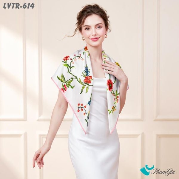 Khăn Lụa Vuông Tiera 90*90Cm Cao Cấp Họa Tiết Hoa Dây Leo Màutrắng Kem Viền Hồng (LVTR614)