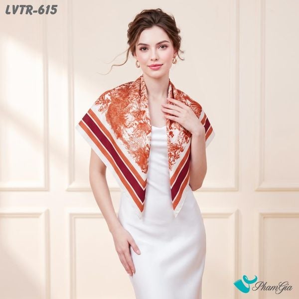 Khăn Lụa Vuông Tiera 90*90Cm Cao Cấp Họa Tiết Phong Cảnh Rừng Nhiệt Đới Màu Cam Đất Viền Đỏ Rượu (LVTR615)