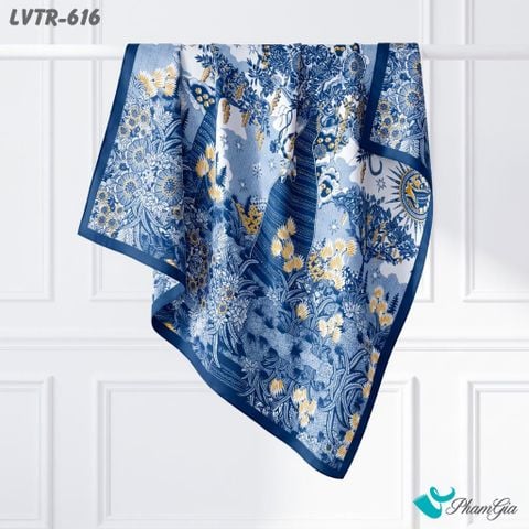 Khăn Lụa Vuông Tiera 90*90Cm Cao Cấp Họa Tiết Cây Sự Sống Màu Xanh Hoàng Gia (LVTR616)