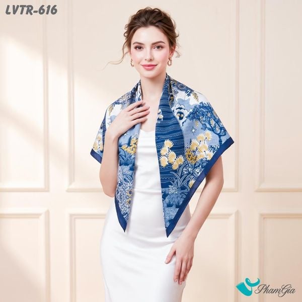 Khăn Lụa Vuông Tiera 90*90Cm Cao Cấp Họa Tiết Cây Sự Sống Màu Xanh Hoàng Gia (LVTR616)