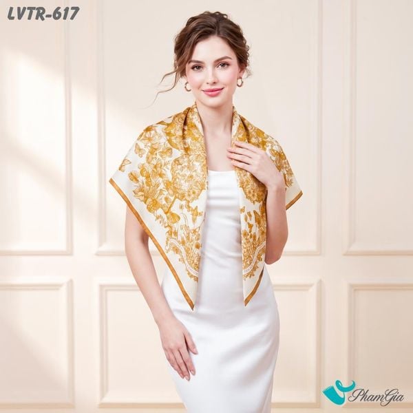 Khăn Lụa Vuông Tiera 90*90Cm Cao Cấp Họa Tiết Vũ Khúc Hồ Điệp Màu Vàng Hoàng Kim (LVTR617)