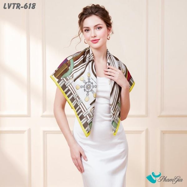 Khăn Lụa Vuông Tiera 90*90Cm Cao Cấp Họa Tiết Phụ Kiện Hoàng Gia Màu Xanh Olive (LVTR618)