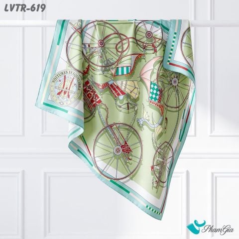 Khăn Lụa Vuông Tiera 90*90Cm Cao Cấp Họa Tiết Cỗ Xe Hoàng Gia Tone Xanh Bơ (LVTR619)