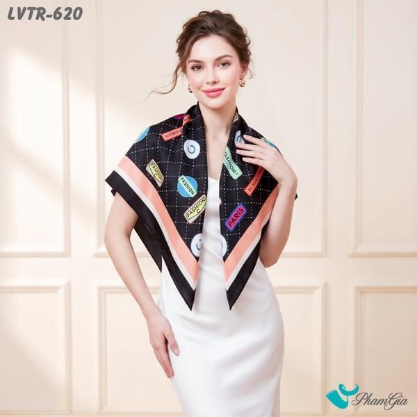 Khăn Lụa Vuông Tiera 90*90Cm Cao Cấp Họa Tiết Lưới Tone Đen Phối Viền Hồng Pastel Sành Điệu (LVTR620)