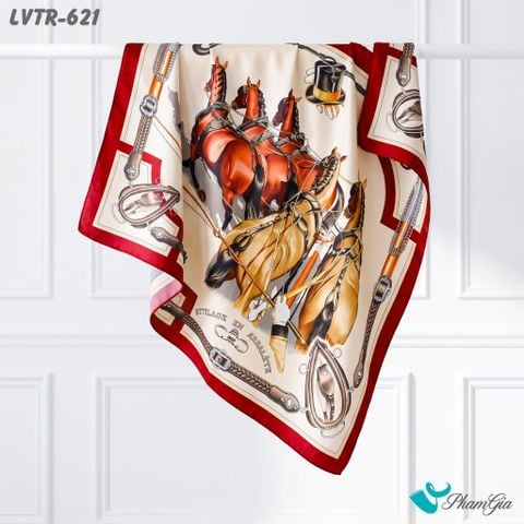 Khăn Lụa Vuông Tiera 90*90Cm Cao Cấp Họa Tiết Ngựa Quý Tộc Nhấn Viền Đỏ Đô (LVTR621)