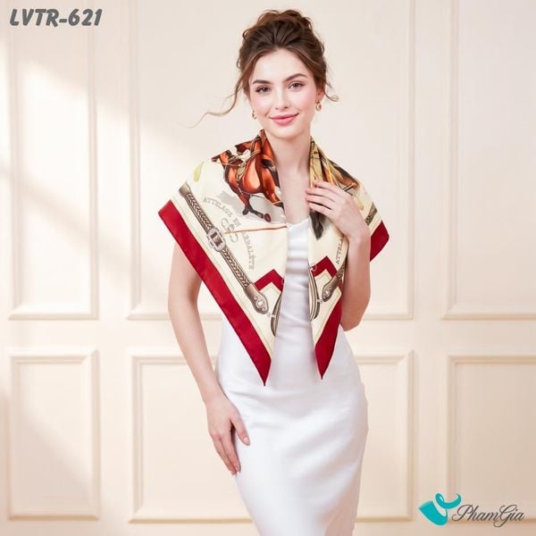 Khăn Lụa Vuông Tiera 90*90Cm Cao Cấp Họa Tiết Ngựa Quý Tộc Nhấn Viền Đỏ Đô (LVTR621)
