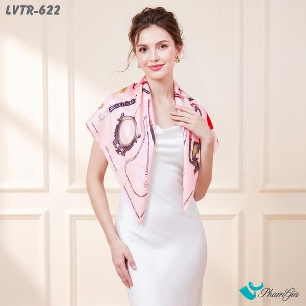 Khăn Lụa Vuông Tiera 90*90Cm Cao Cấp Họa Tiết Phụ Kiện Quý Tộc Tone Hồng Pastel (LVTR622)
