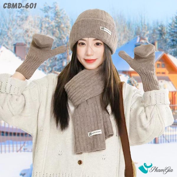 Combo Giữ Ấm Chuyên Dụng Gồm Khăn Len - Nón Len - Găng Tay Len Siêu Dày Màu Beige (CBMD601)