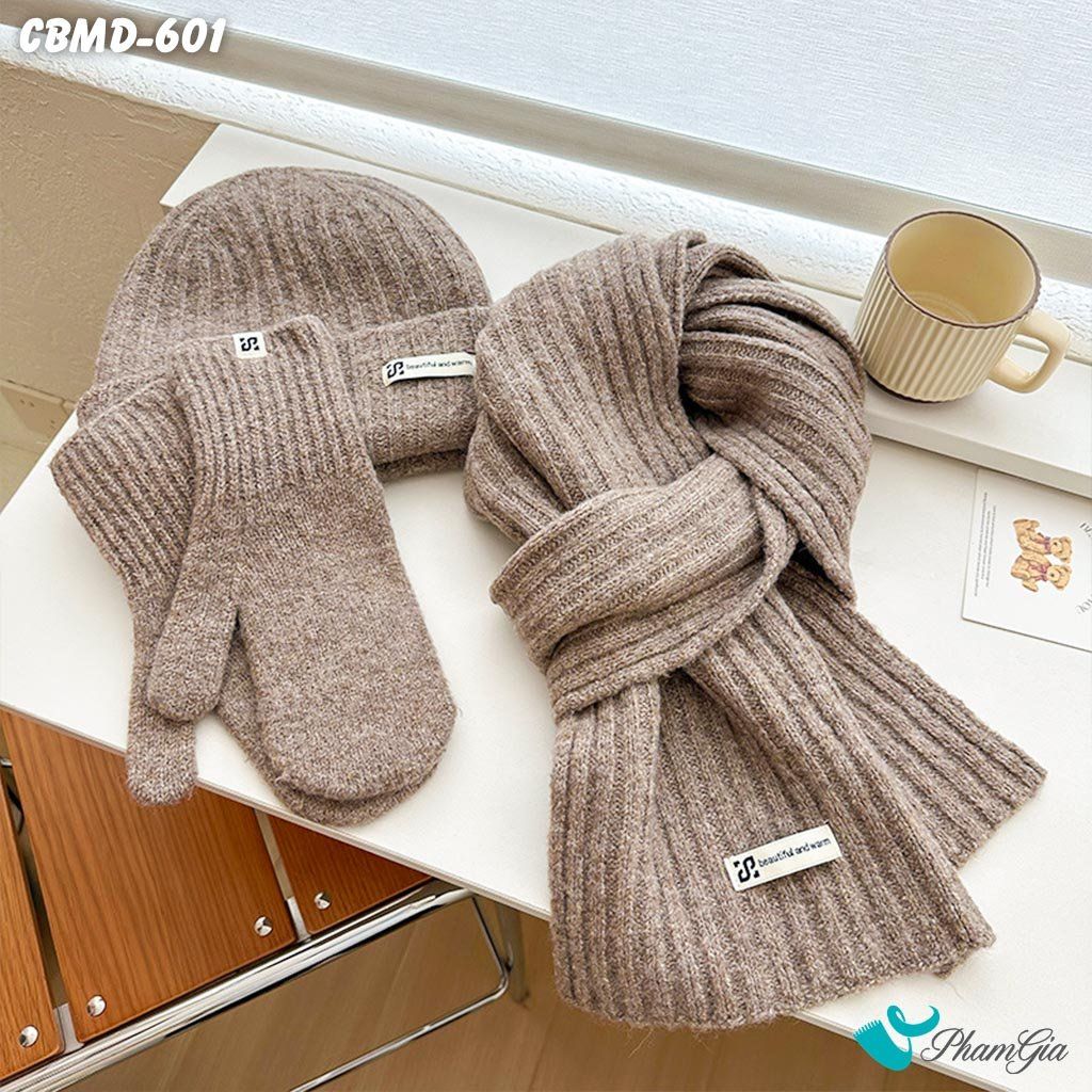 Combo Giữ Ấm Chuyên Dụng Gồm Khăn Len - Nón Len - Găng Tay Len Siêu Dày Màu Beige (CBMD601)