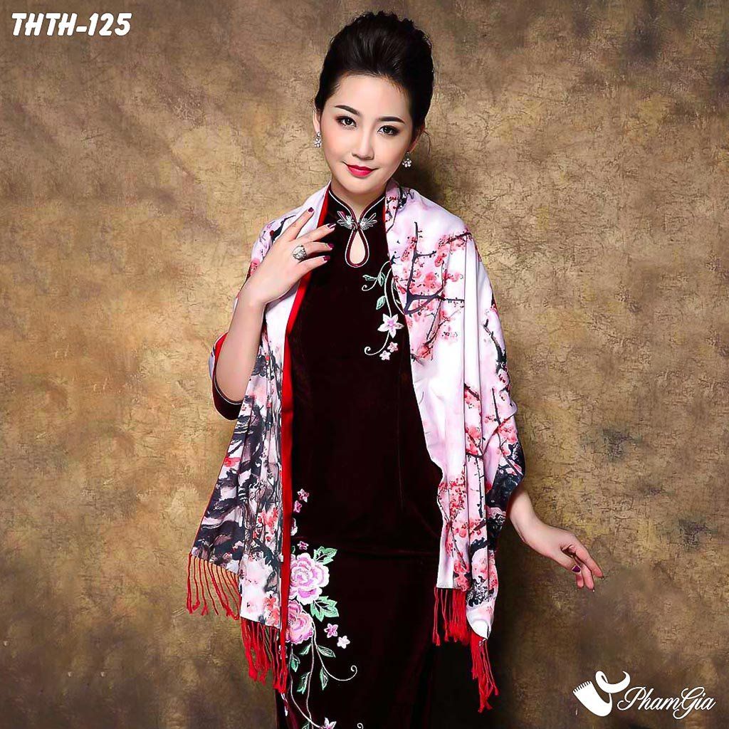Khăn Choàng Tằm Hoa Thượng Hải 2 Lớp Cao Cấp Họa Tiết Hoa Đào Màu Hồng Trang Nhã