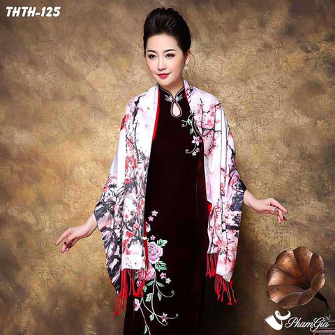 Người Mẫu Choàng Khăn Choàng Tằm Hoa Thượng Hải 2 Lớp Cao Cấp Họa Tiết Hoa Đào Màu Hồng Trang Nhã