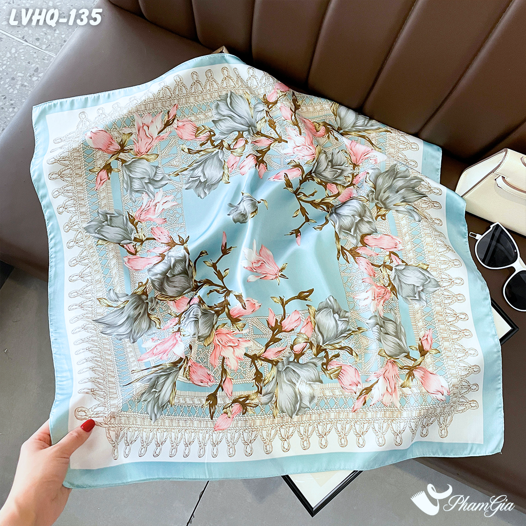 Khăn Lụa Vuông 70*70Cm Phong Cách Hàn Quốc Họa Tiết Hoa Mộc Lan Phối Nền Xanh Ngọc Bích (LVHQ135)