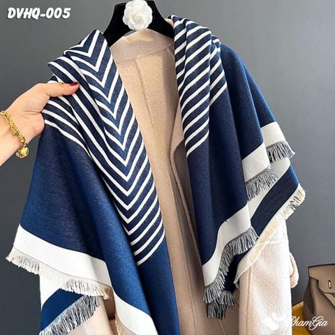 Khăn Choàng Dạ Cashmere Vuông Phong Cách Hàn Quốc Cao Cấp Họa Tiết Kẻ Sọc Xanh Navy - Trắng