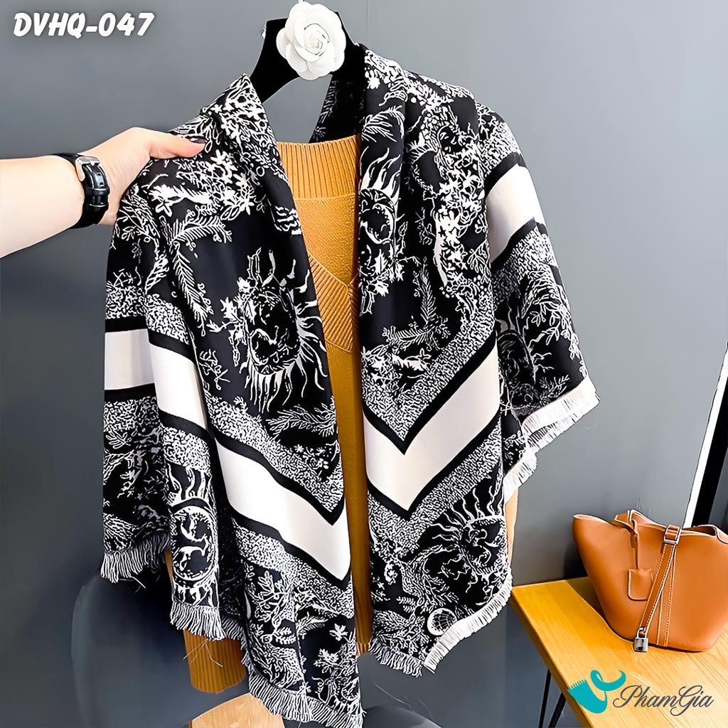Khăn Choàng Dạ Cashmere Vuông Phong Cách Hàn Quốc Cao Cấp Họa Tiết Mặt Trời Màu Đen Trắng
