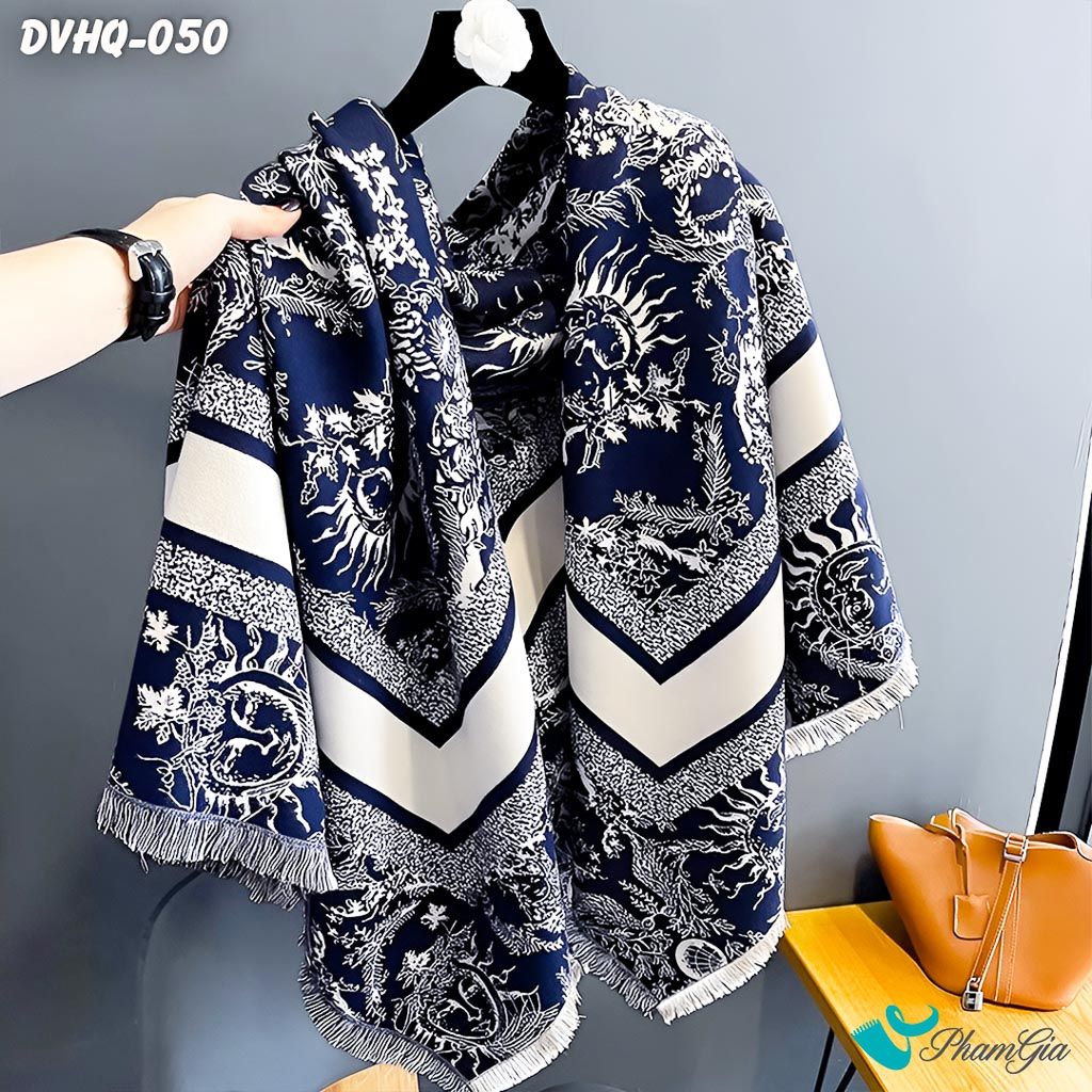 Khăn Choàng Dạ Cashmere Vuông Phong Cách Hàn Quốc Cao Cấp Họa Tiết Mặt Trời Màu Xanh Navy