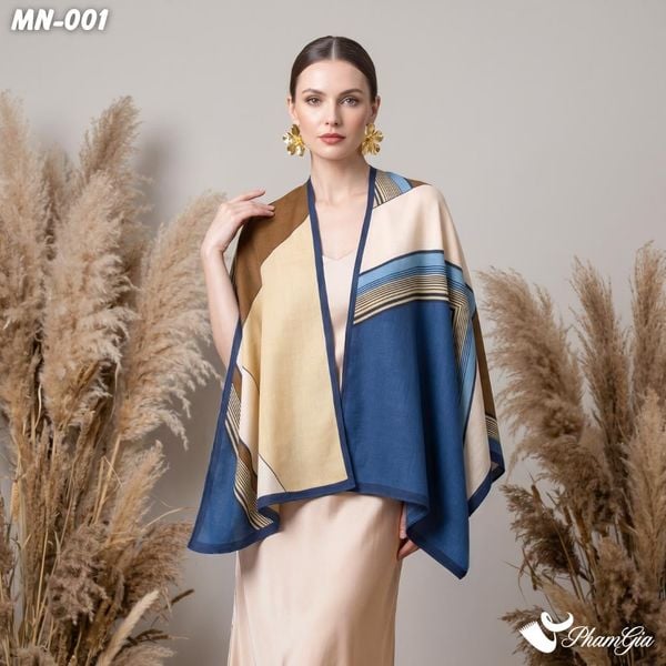 Khăn Choàng Mộc Nhiên Họa Tiết Hình Học Phối Màu Xanh Sapphire & Beige Thời Thượng (MN001)