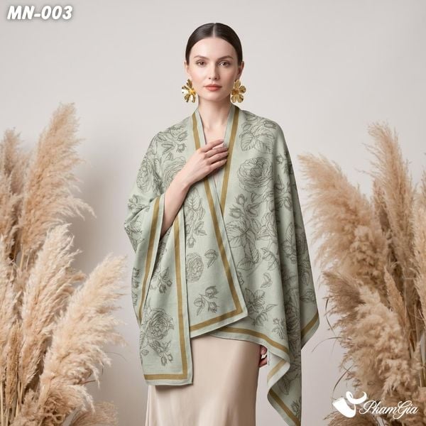Khăn Choàng Mộc Nhiên Họa Tiết Hoa Hồng Màu Xanh Rêu Khói Cổ Điển (MN003)
