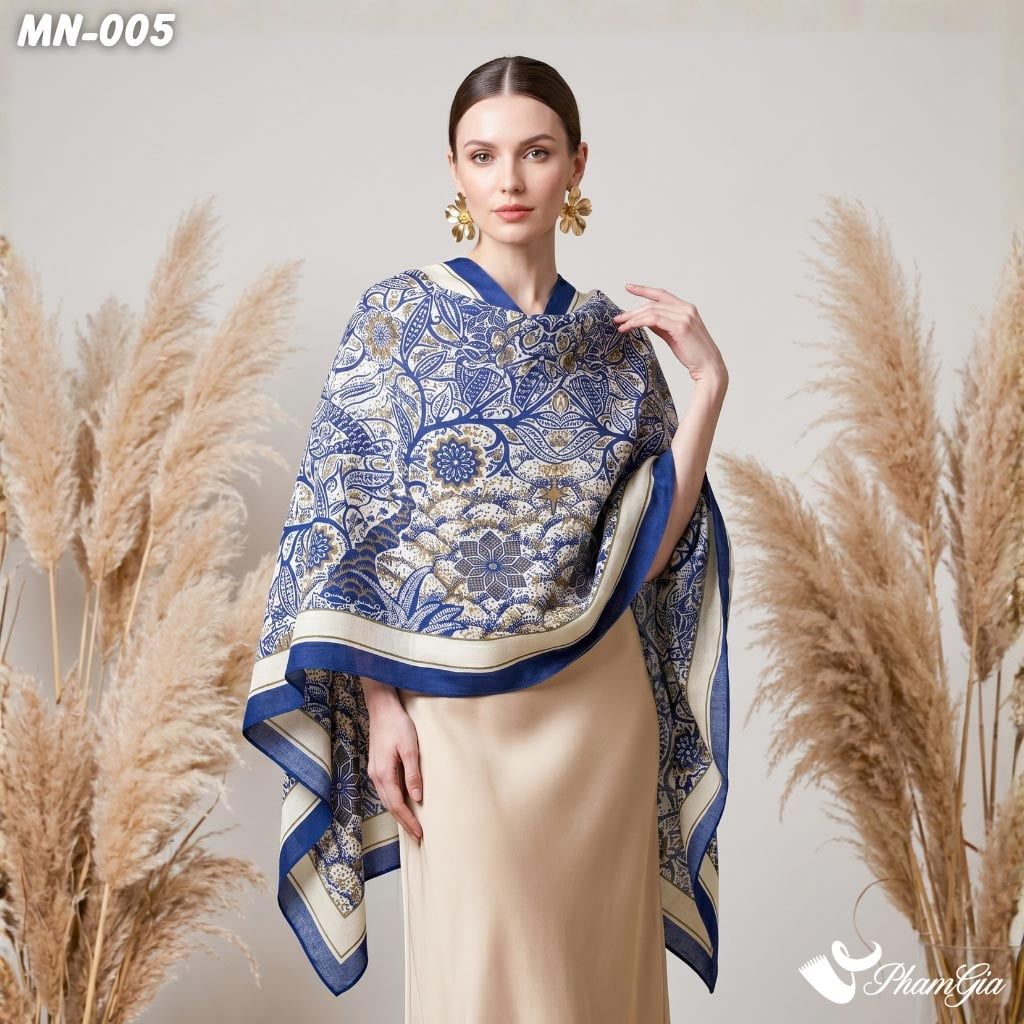 Khăn Choàng Mộc Nhiên Họa Tiết Cây Đời Màu Xanh Indigo Cổ Điển (MN005)
