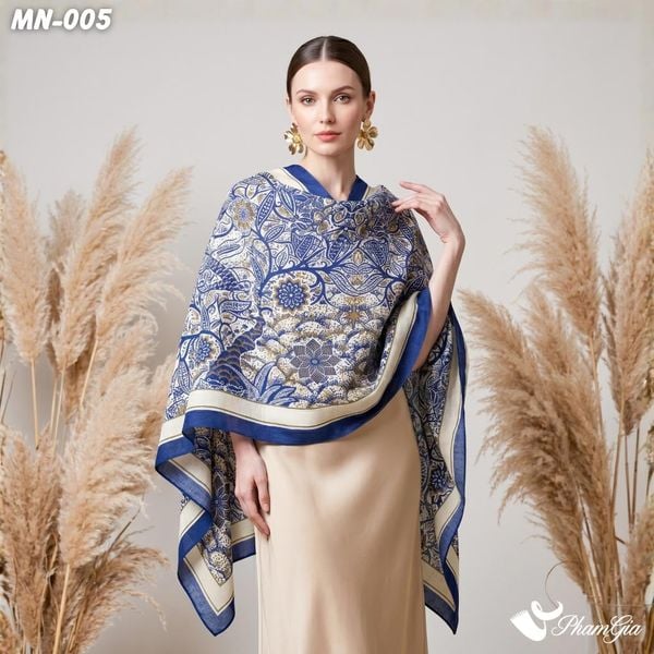 Khăn Choàng Mộc Nhiên Họa Tiết Cây Đời Màu Xanh Indigo Cổ Điển (MN005)