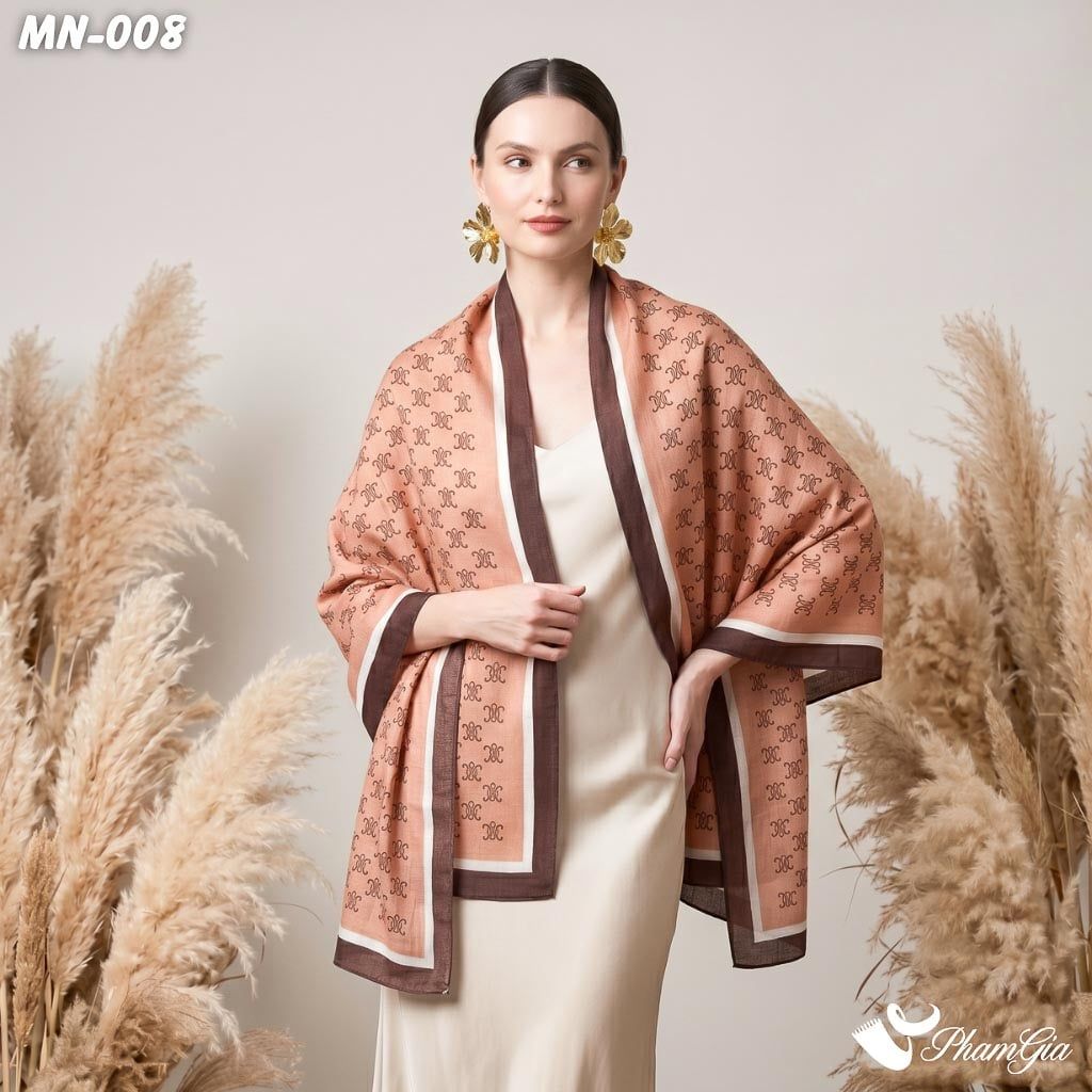 Khăn Choàng Mộc Nhiên Họa Tiết Retro Màu Hồng Đất Viền Nâu Cổ Điển (MN008)
