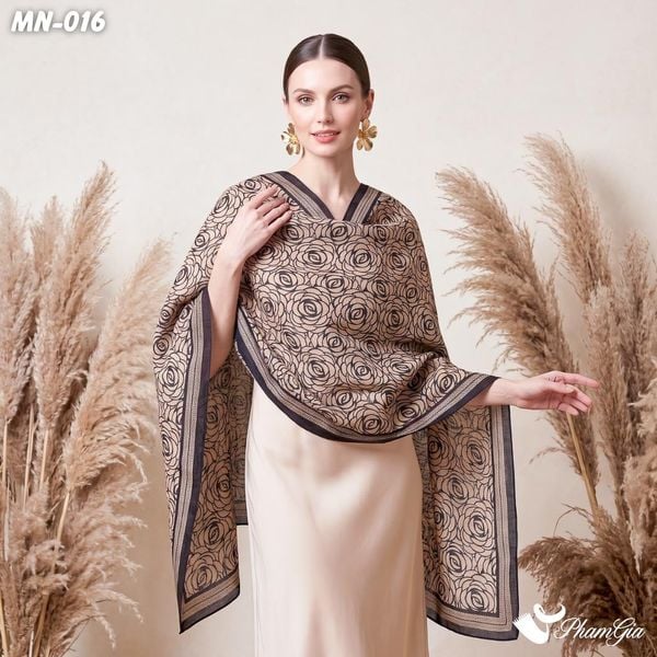 Khăn Choàng Mộc Nhiên Họa Tiết Hoa Hồng Vintage Màu Nâu Phối Viền Đen Cổ Điển (MN016)