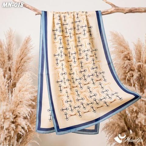 Khăn Choàng Mộc Nhiên Họa Tiết Retro Phối Nền Kem Viền Xanh Blue Hiện Đại (MN018)