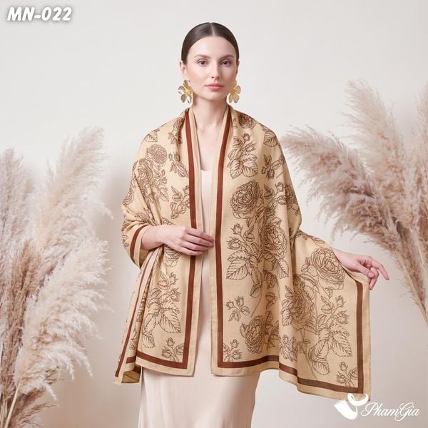 Khăn Choàng Mộc Nhiên Họa Tiết Hoa Hồng Màu Nâu Tây Cổ Điển (MN022)