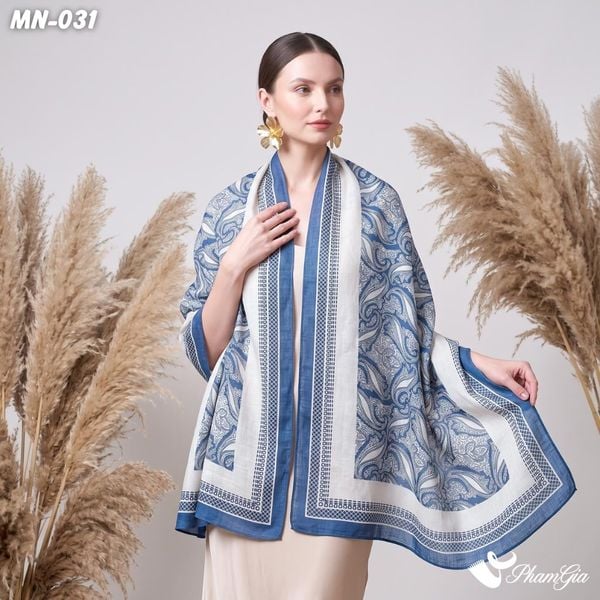 Khăn Choàng Mộc Nhiên Họa Tiết Paisley Màu Xanh Blue Cổ Điển (MN031)