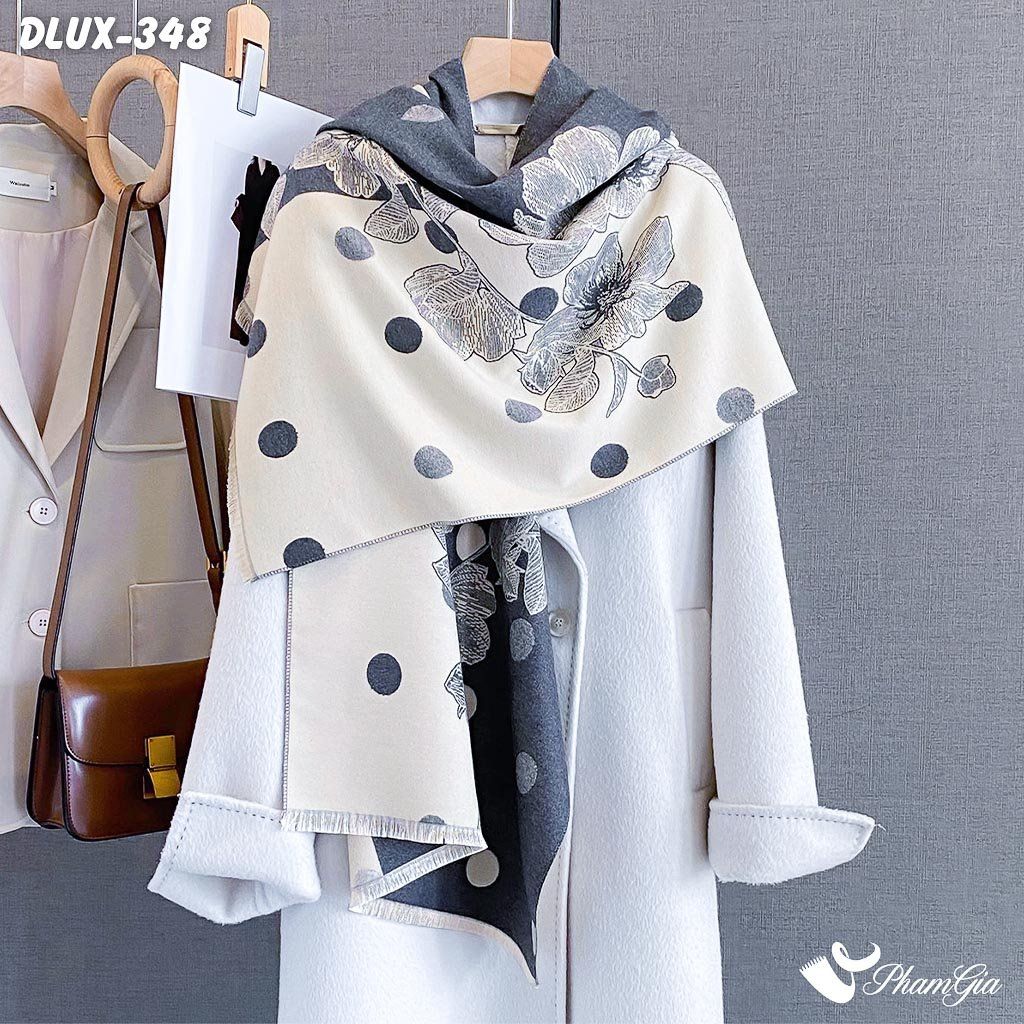 Khăn Choàng Dạ Cashmere Cao Cấp Họa Tiết Hoa Chấm Bi Màu Xám Hiện Đại (DLUX348)