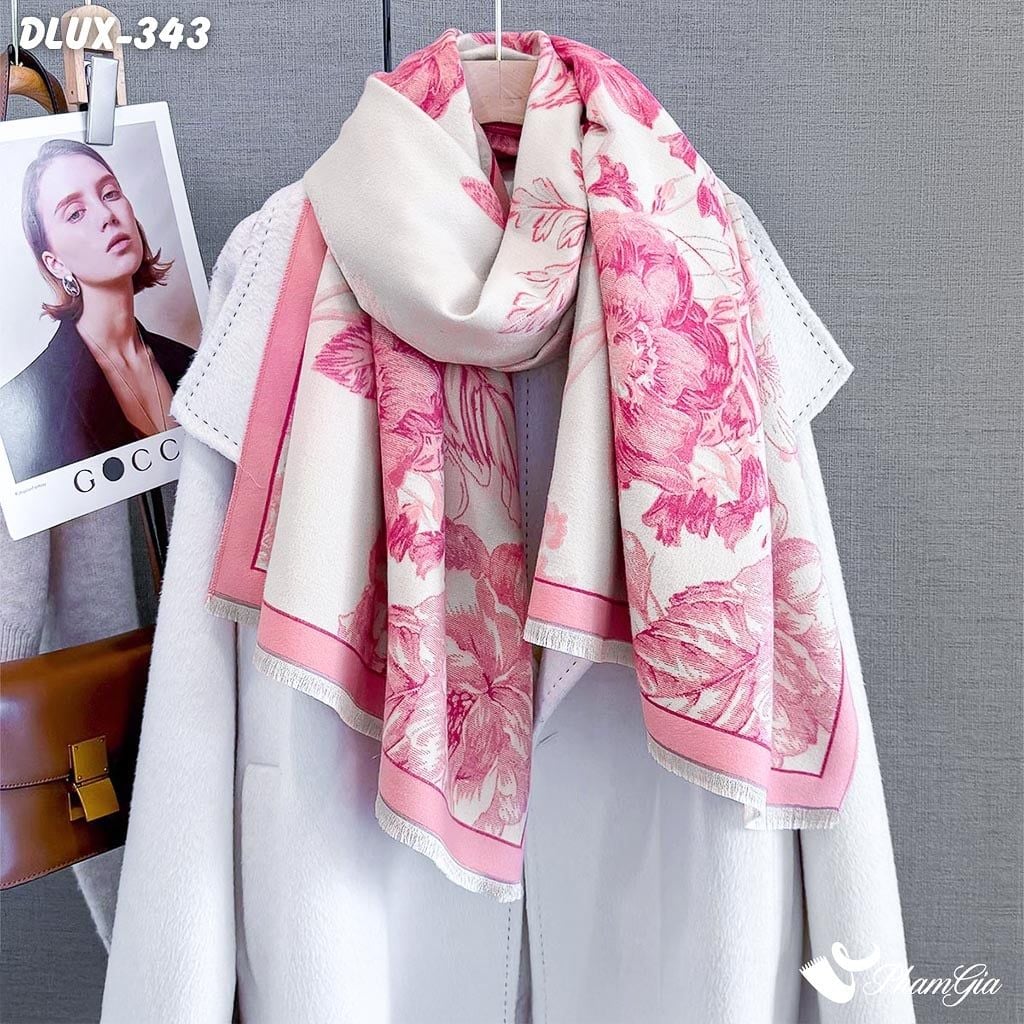 Khăn Choàng Dạ Cashmere Cao Cấp Họa Tiết Hoa Hồng Màu Hồng Thanh Lịch (DLUX343)