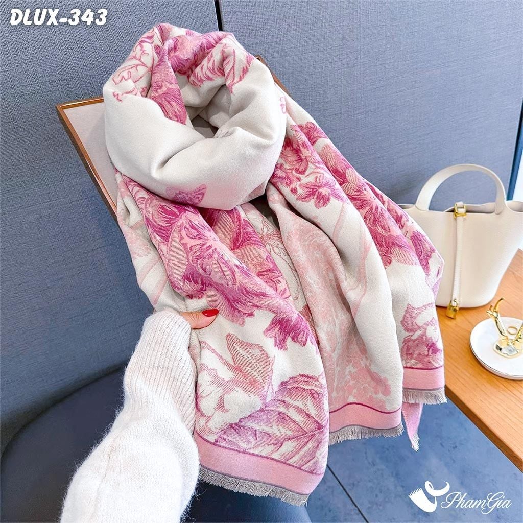 Khăn Choàng Dạ Cashmere Cao Cấp Họa Tiết Hoa Hồng Màu Hồng Thanh Lịch (DLUX343)