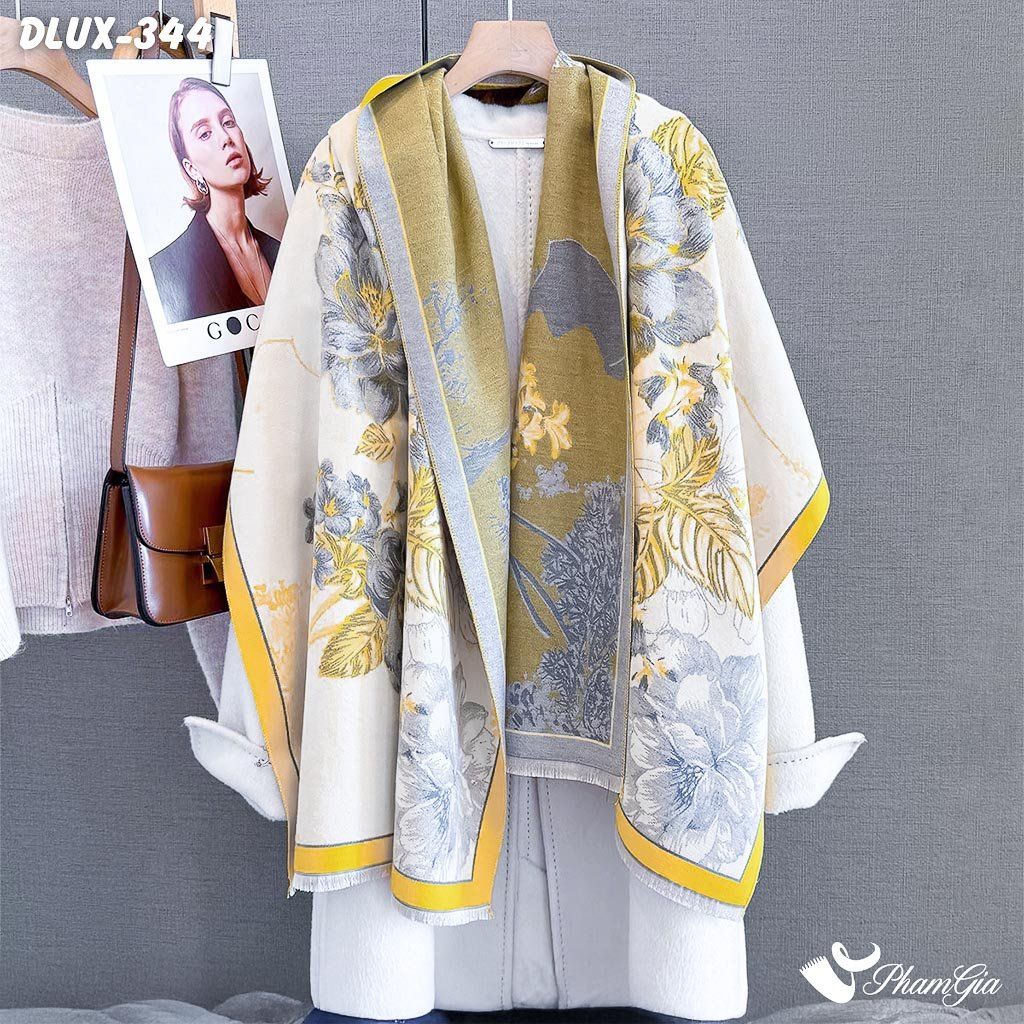 Khăn Choàng Dạ Cashmere Cao Cấp Họa Tiết Hoa Hồng Màu Vàng Thanh Lịch (DLUX344)