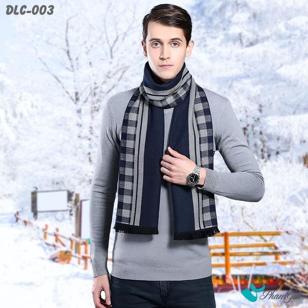 Khăn Choàng Dạ Cashmere Nam Cao Cấp Họa Tiết Ô Vuông Kẻ Sọc Màu Xanh Navy (DLC003)