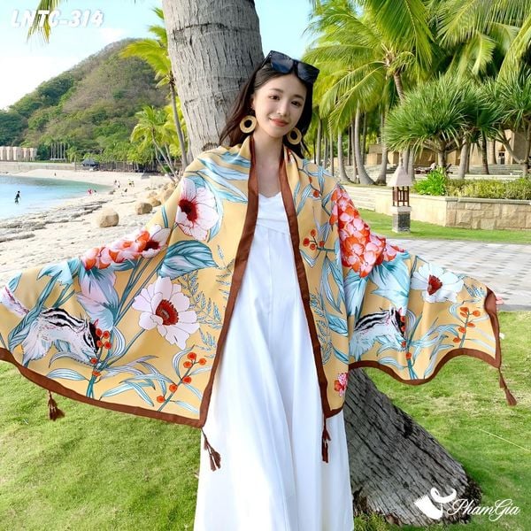 Khăn Choàng Linen Boho Họa Tiết Hoa Cẩm Tú Cầu Màu Vàng Mơ Thanh Lịch (LNTC314)