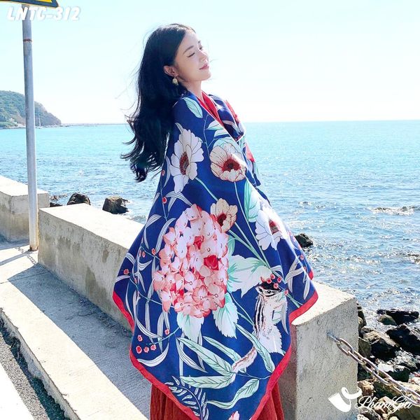 Khăn Choàng Linen Boho Họa Tiết Hoa Cẩm Tú Cầu Màu Xanh Navy Quyến Rũ (LNTC312)