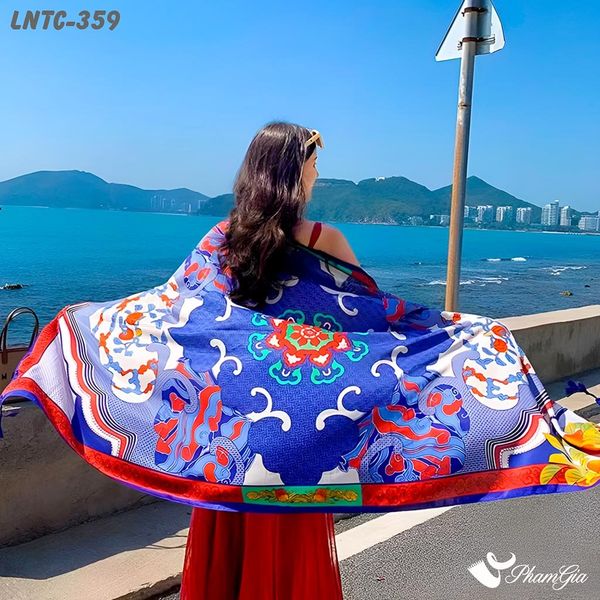 Khăn Choàng Linen Boho Họa Tiết Hoa Văn Cổ Điển Màu Xanh Coban Rực Rỡ (LNTC359)