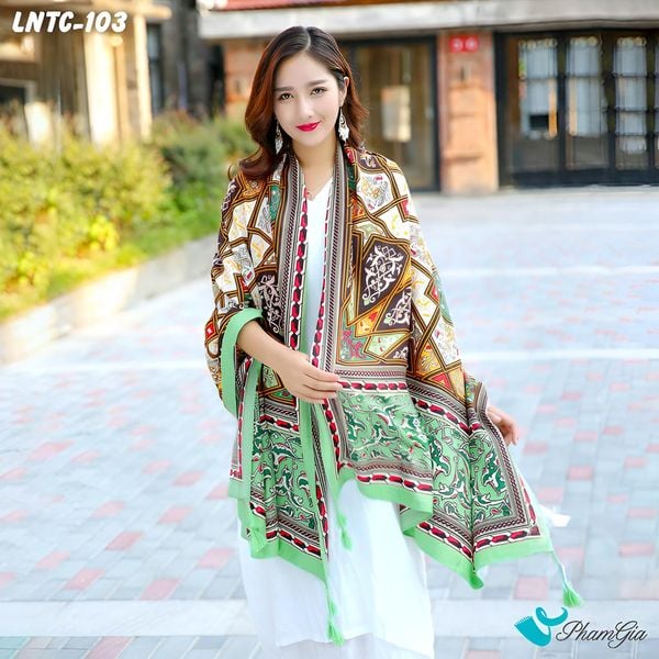 Khăn Choàng Linen Boho Họa Tiết Thổ Cẩm Mandala Màu Xanh Mint Tinh Tế (LNTC103)