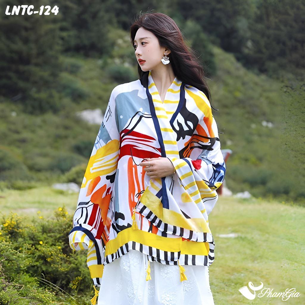 Khăn Choàng Linen Boho Họa Tiết Thổ Cẩm Trừu Tượng Phối Nhiều Màu Độc Đáo