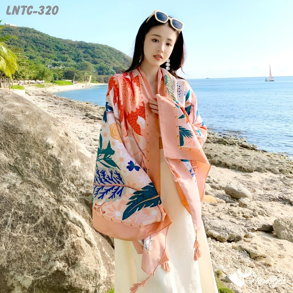 Người Mẫu Choàng Khăn Choàng Linen Boho Họa Tiết Vườn Nhiệt Đới Màu Cam Đào Tươi Mát