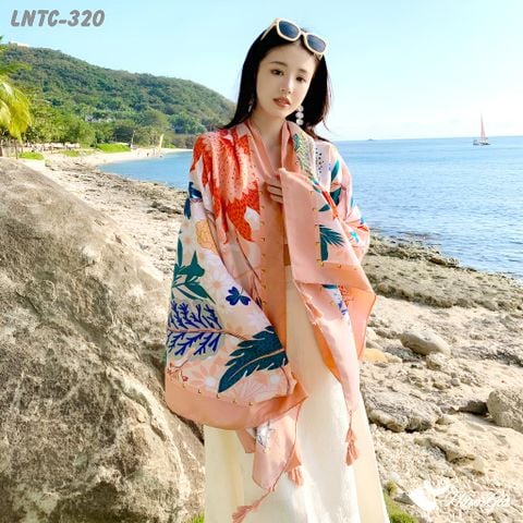 Người Mẫu Choàng Khăn Choàng Linen Boho Họa Tiết Vườn Nhiệt Đới Màu Cam Đào Tươi Mát