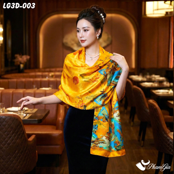 Khăn Choàng Lụa Gấm 3D Cao Cấp Họa Tiết Tranh Sơn Thủy Hoàng Kim Quý Phái (LG3D003)