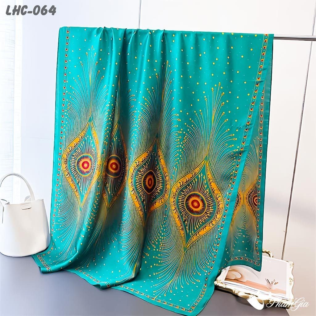 Khăn Choàng Lụa Hàng Châu Họa Tiết Đương Đại Màu Xanh Ngọc Sang Trọng (LHC064)