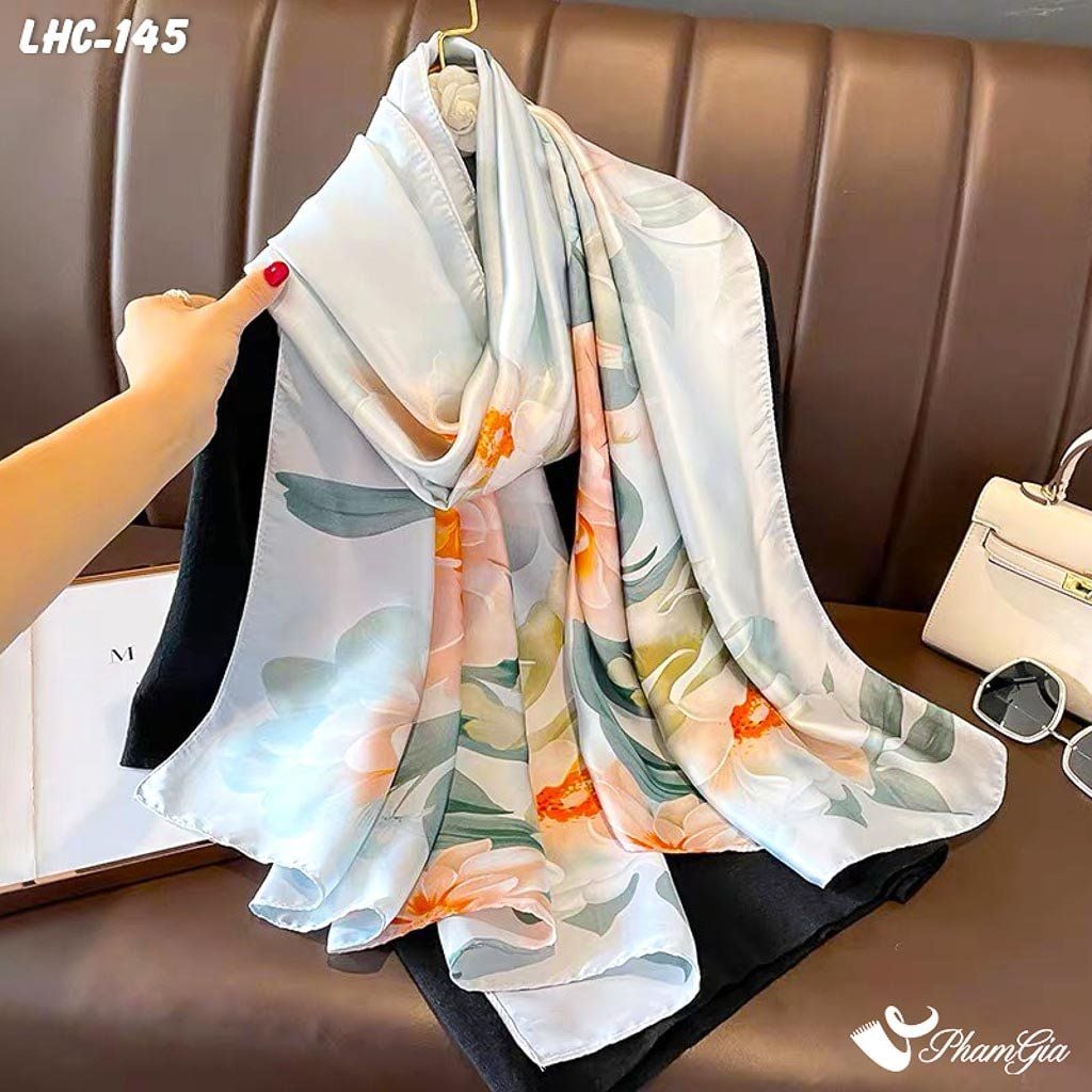 Khăn Choàng Lụa Hàng Châu Màu Xanh Baby Họa Tiết Hoa Mẫu Đơn Bay Bổng