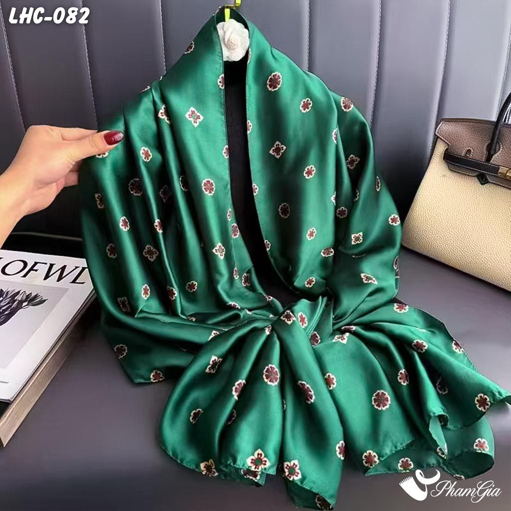 Khăn Choàng Lụa Hàng Châu Màu Xanh Cẩm Thạch Họa Tiết Hoa Nhí Cổ Điển (LHC082)