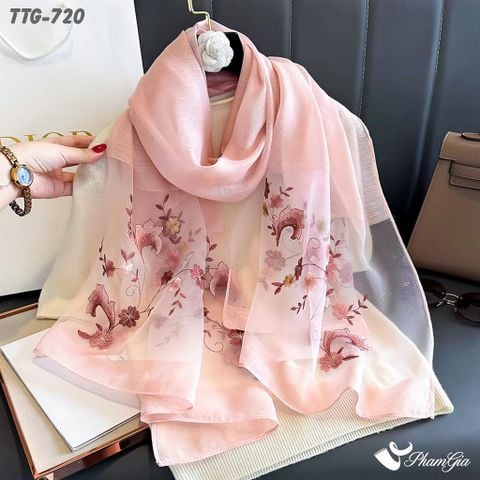 Khăn Choàng Tơ Tằm Gân Cao Cấp Thêu Hoa Thiên Tử Màu Hồng Dâu Tinh Tế